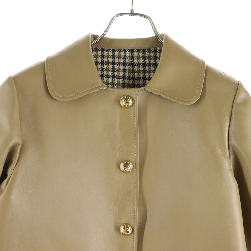 Celine Babydoll Soft Lambskin Leather Triomphe Button Coat Beige Ladies