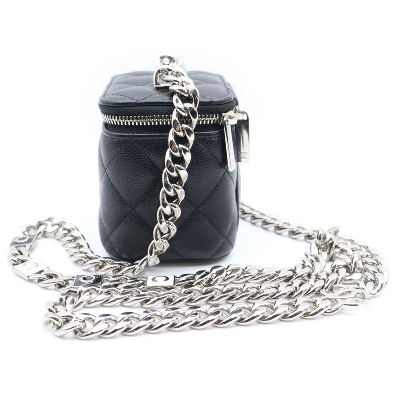 Chanel Mini Vanity Chain Shoulder Bag Black Caviar Skin Silver Hardware Ap2718