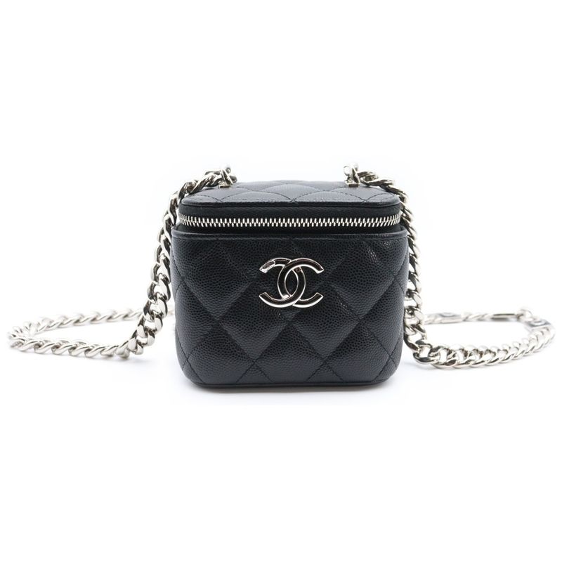 Chanel Mini Vanity Chain Shoulder Bag Black Caviar Skin Silver Hardware Ap2718