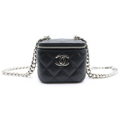 Chanel Mini Vanity Chain Shoulder Bag Black Caviar Skin Silver Hardware Ap2718