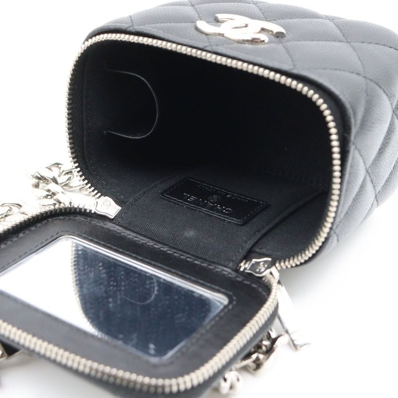Chanel Mini Vanity Chain Shoulder Bag Black Caviar Skin Silver Hardware Ap2718