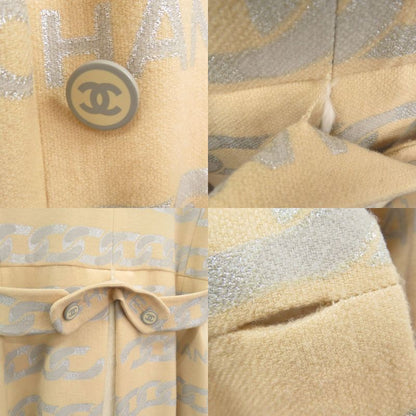 Chanel Fur-Lined Logo Chain-Patterned Long Coat Silk Wool Beige 1355 Chanel