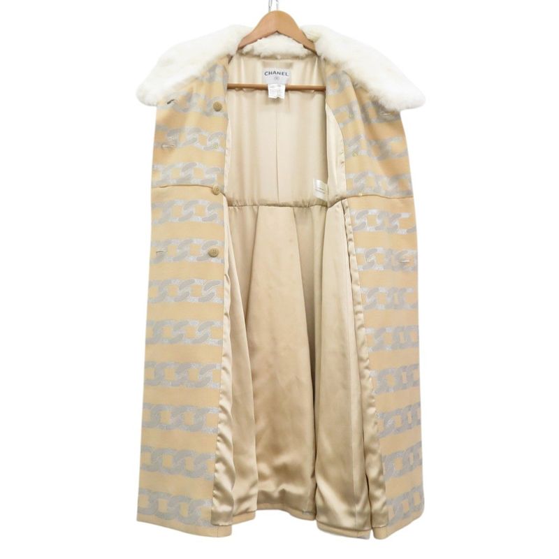 Chanel Fur-Lined Logo Chain-Patterned Long Coat Silk Wool Beige 1355 Chanel