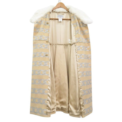 Chanel Fur-Lined Logo Chain-Patterned Long Coat Silk Wool Beige 1355 Chanel
