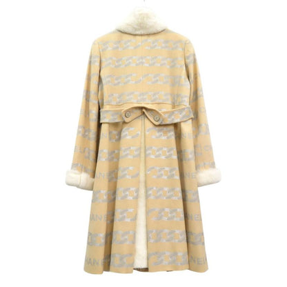Chanel Fur-Lined Logo Chain-Patterned Long Coat Silk Wool Beige 1355 Chanel