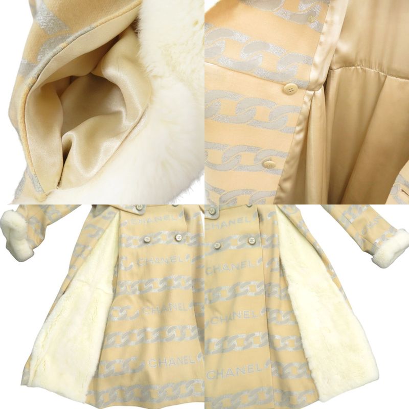 Chanel Fur-Lined Logo Chain-Patterned Long Coat Silk Wool Beige 1355 Chanel