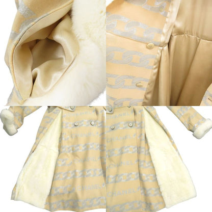 Chanel Fur-Lined Logo Chain-Patterned Long Coat Silk Wool Beige 1355 Chanel