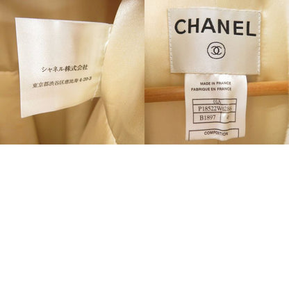 Chanel Fur-Lined Logo Chain-Patterned Long Coat Silk Wool Beige 1355 Chanel