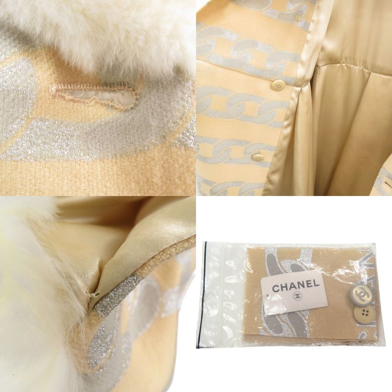 Chanel Fur-Lined Logo Chain-Patterned Long Coat Silk Wool Beige 1355 Chanel