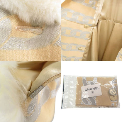 Chanel Fur-Lined Logo Chain-Patterned Long Coat Silk Wool Beige 1355 Chanel