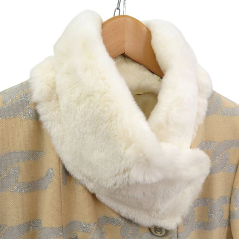 Chanel Fur-Lined Logo Chain-Patterned Long Coat Silk Wool Beige 1355 Chanel