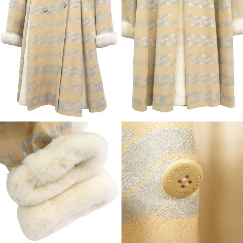 Chanel Fur-Lined Logo Chain-Patterned Long Coat Silk Wool Beige 1355 Chanel