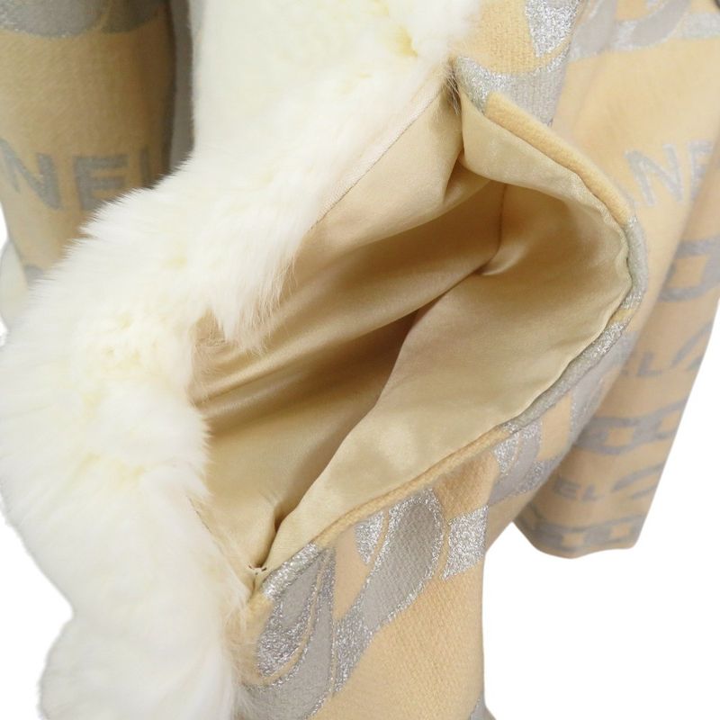 Chanel Fur-Lined Logo Chain-Patterned Long Coat Silk Wool Beige 1355 Chanel