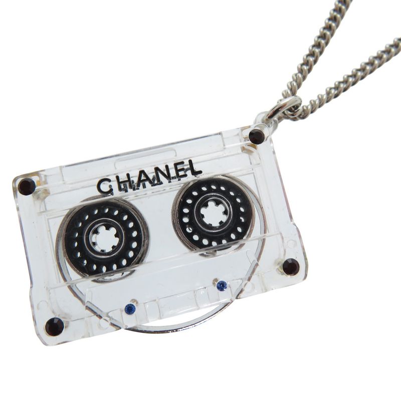 Chanel Cassette Tape Rhinestone Necklace Plastic Clear 1434 Chanel