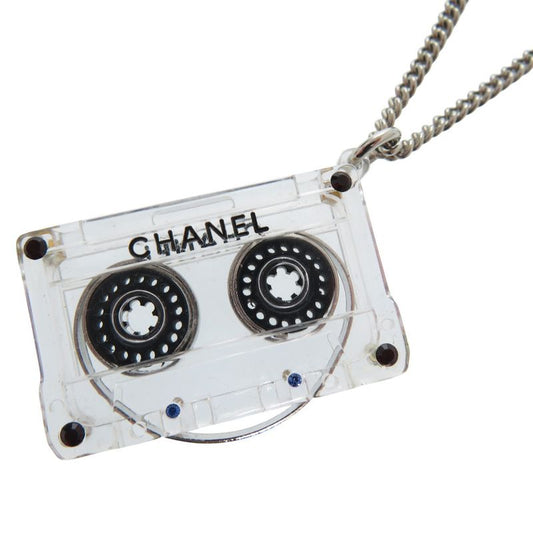Chanel Cassette Tape Rhinestone Necklace Plastic Clear 1434 Chanel
