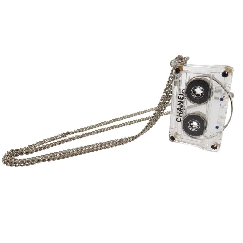 Chanel Cassette Tape Rhinestone Necklace Plastic Clear 1434 Chanel