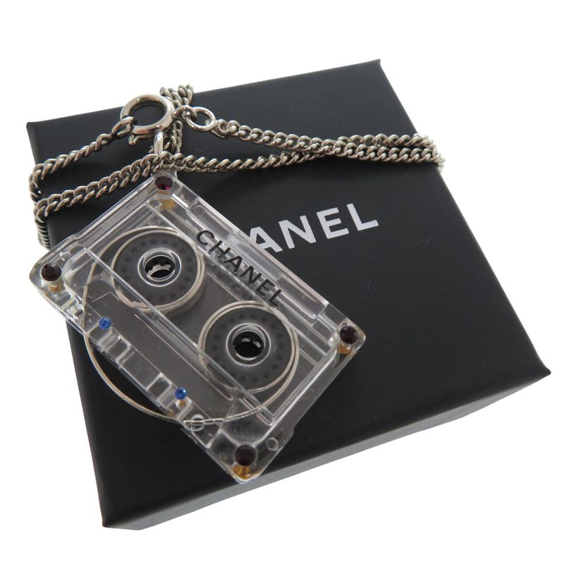 Chanel Cassette Tape Rhinestone Necklace Plastic Clear 1434 Chanel