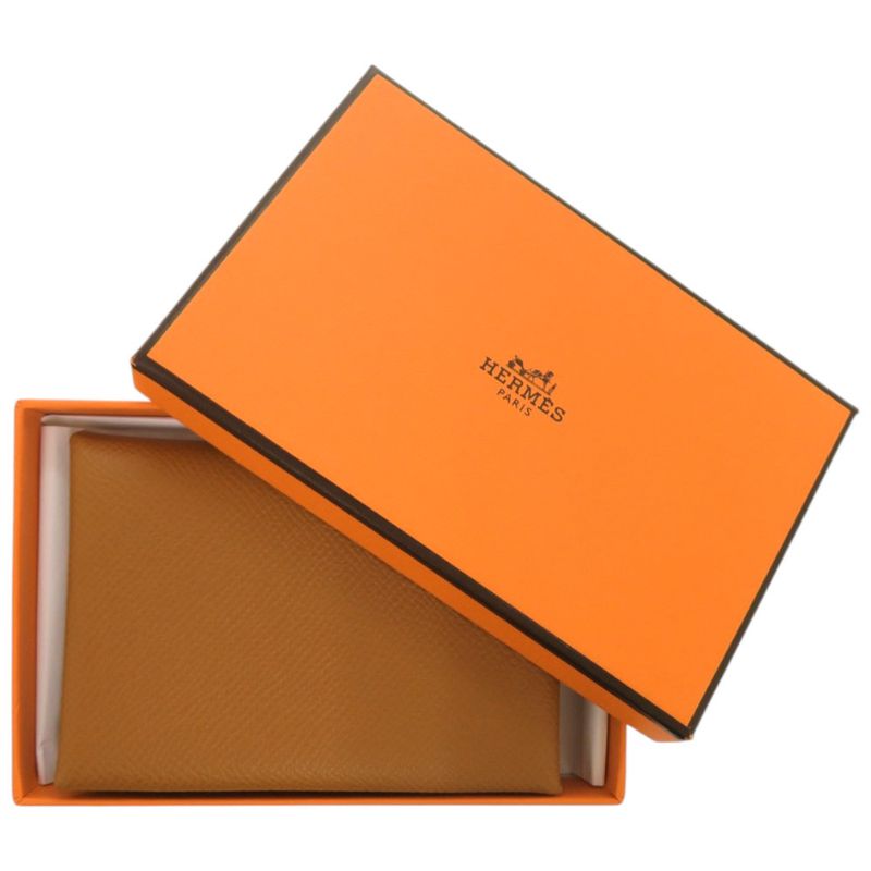 Hermes Calvi Duo Vaux Epson Gold Stamped B Brown Coin Case Wallet 0582 Hermes