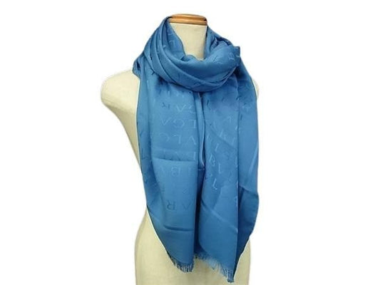 Bvlgari Shawl Logomania Blue 60% Silk X 40% Wool Ladies Fringe Excellent