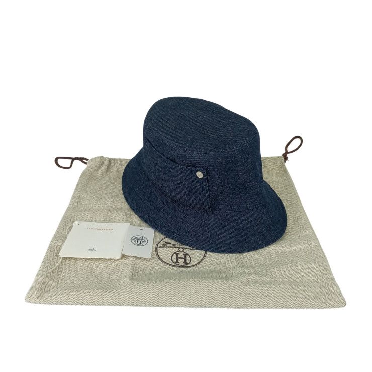 Hermes Hat "helen" Silky H232029n Indigo 100% Cotton Unisex Bucket Hat Silver