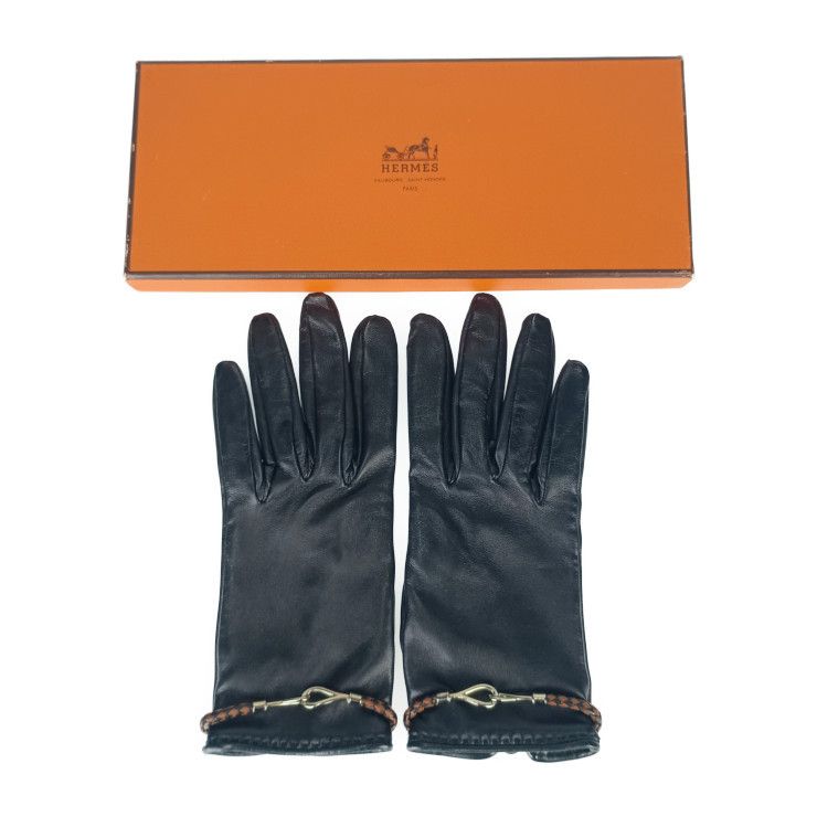 Hermes Gloves Jumbo Black Leather Women's Silver Hardware Excellent Condition