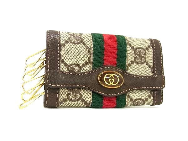 Gucci Key Case Sherry Line Old Gucci Brown Beige Green Red Pvcleather Unisex