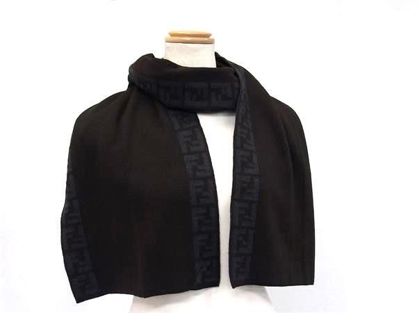 Fendi Scarf Zucca Dark Brown Navy 100% Wool Men Excellent Condition