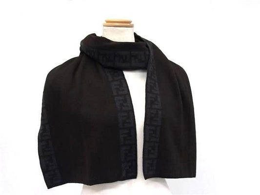 Fendi Scarf Zucca Dark Brown Navy 100% Wool Men Excellent Condition