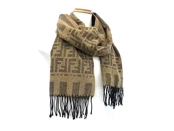 Fendi Scarf Zucca Brown 100% Wool Unisex Fringe Excellent Condition