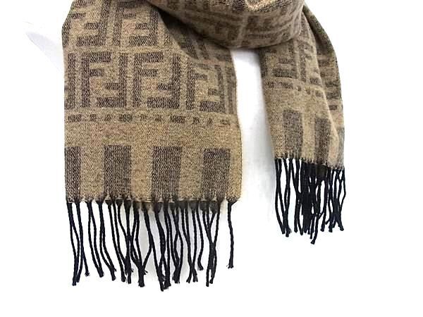Fendi Scarf Zucca Brown 100% Wool Unisex Fringe Excellent Condition
