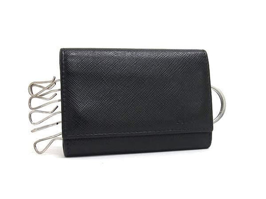 Prada Key Case 6-ring Key Case 2pg002 Black Saffiano Leather Unisex Silver