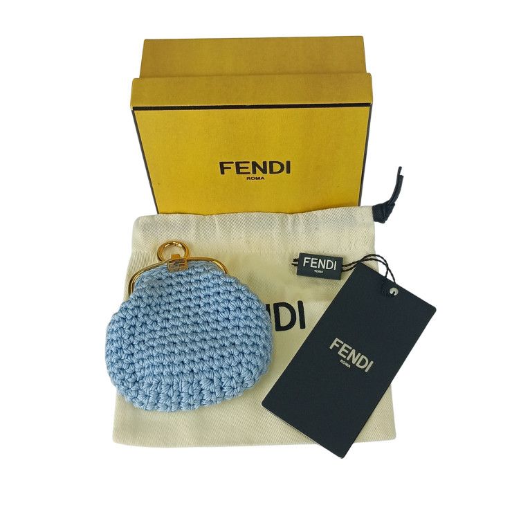 Fendi Coin Case Cotton Coin Case 8m0454 Blue Cotton Ladies Clasp Gold Hardware
