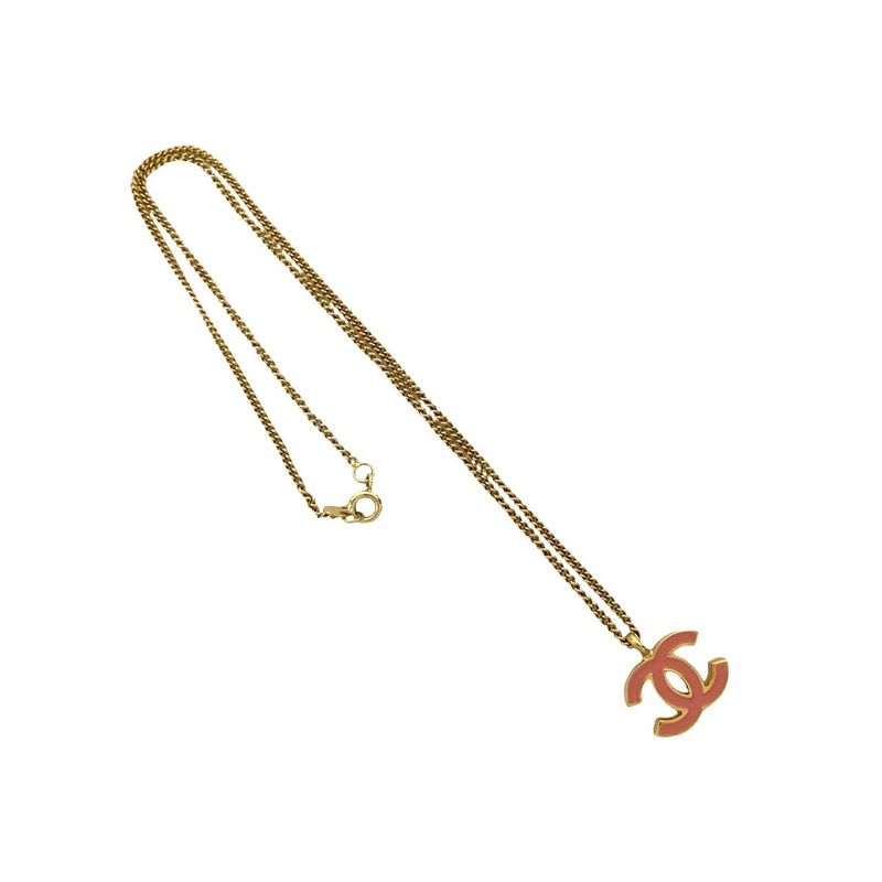 Chanel Vintage Coco Mark GP Necklace Pendant Choker Gold Pink 01A