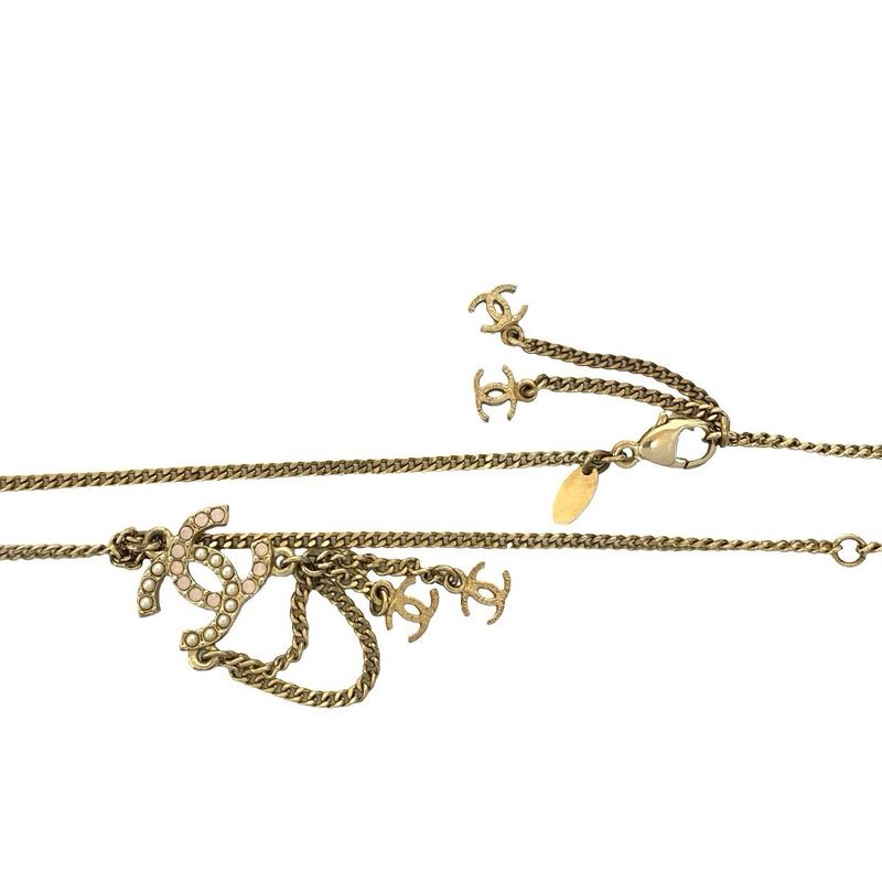 Chanel Coco Mark GP Rhinestone Fake Pearl Necklace Gold Pink 12AP