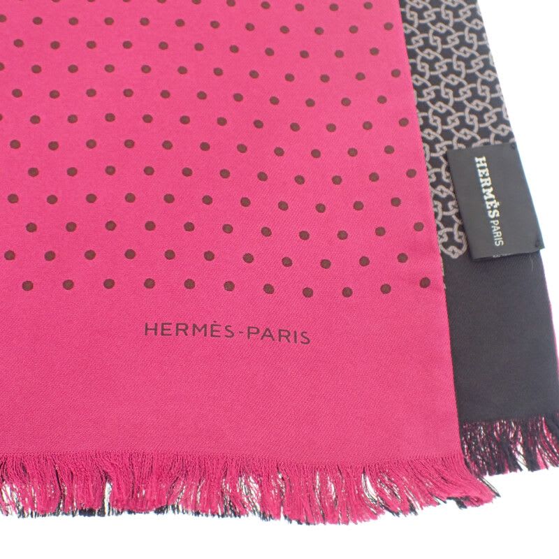 Hermes Polka Dot Scarf Silk Pink Black Women's Reversible Fringe Autumn Winter