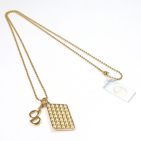 Dior Houndstooth Long Necklace Gold Color Metal 81.5 cm CD Logo