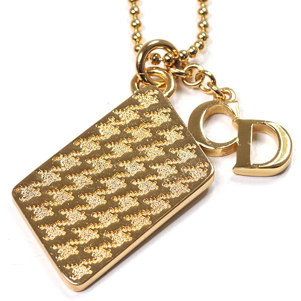 Dior Houndstooth Long Necklace Gold Color Metal 81.5 cm CD Logo