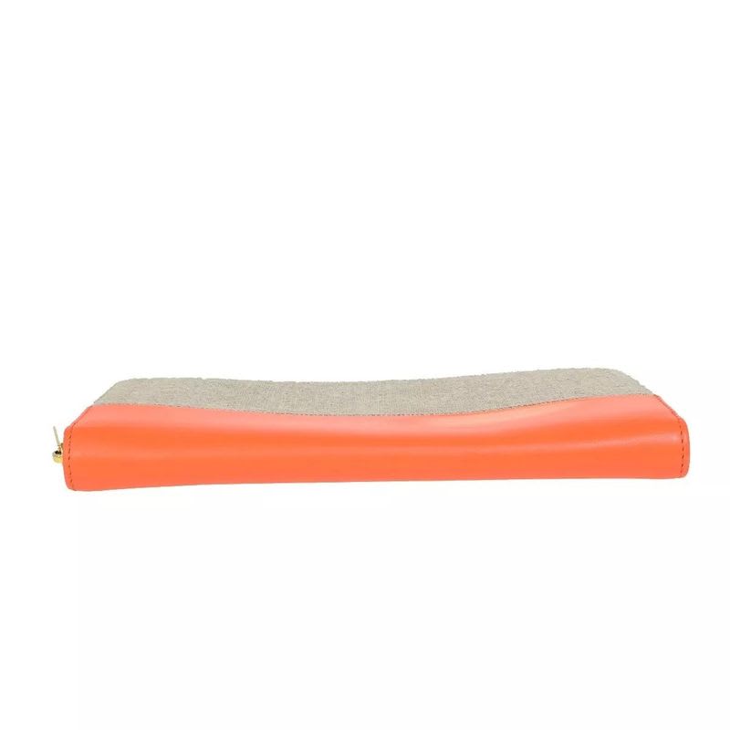 Celine Long Wallet Round Zipper Orange Beige Leather Linen 09 Bs057