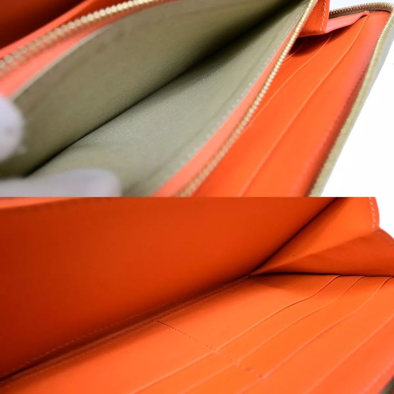 Celine Long Wallet Round Zipper Orange Beige Leather Linen 09 Bs057