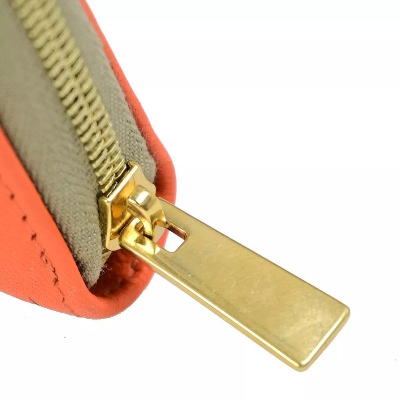 Celine Long Wallet Round Zipper Orange Beige Leather Linen 09 Bs057