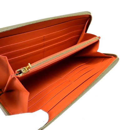 Celine Long Wallet Round Zipper Orange Beige Leather Linen 09 Bs057