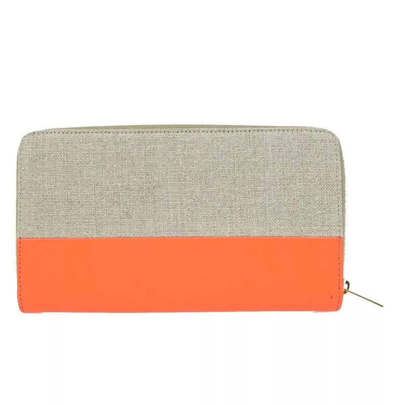 Celine Long Wallet Round Zipper Orange Beige Leather Linen 09 Bs057