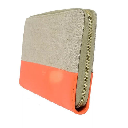 Celine Long Wallet Round Zipper Orange Beige Leather Linen 09 Bs057