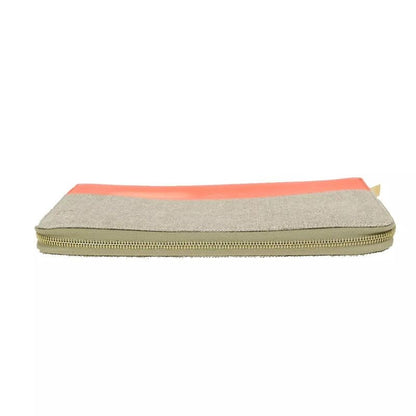 Celine Long Wallet Round Zipper Orange Beige Leather Linen 09 Bs057