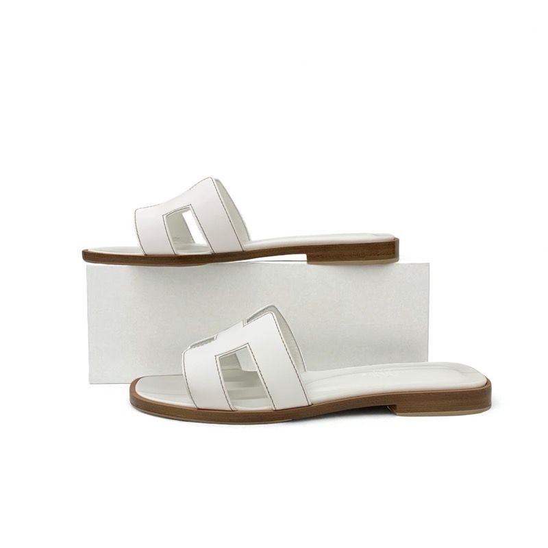 Hermes Oran Sandals Shoes Leather White Flat Sandals Mules