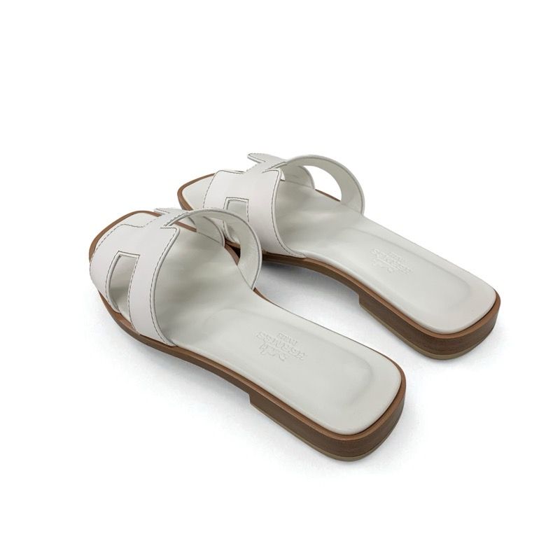 Hermes Oran Sandals Shoes Leather White Flat Sandals Mules