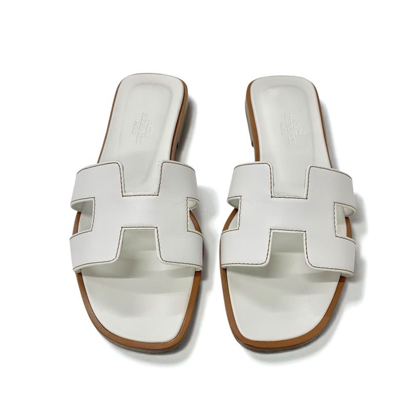 Hermes Oran Sandals Shoes Leather White Flat Sandals Mules