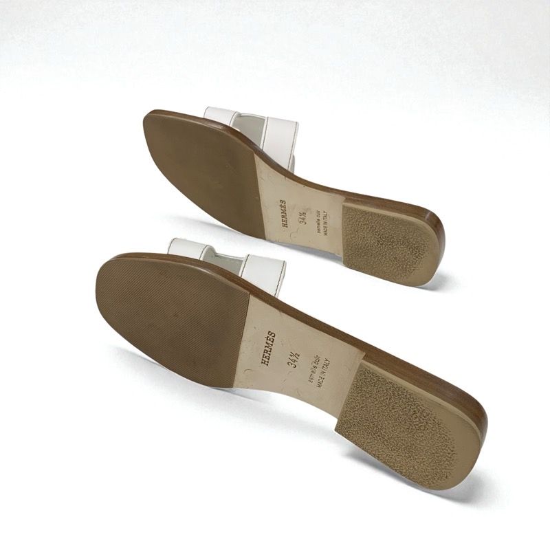 Hermes Oran Sandals Shoes Leather White Flat Sandals Mules