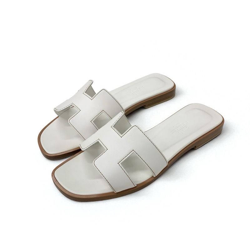 Hermes Oran Sandals Shoes Leather White Flat Sandals Mules