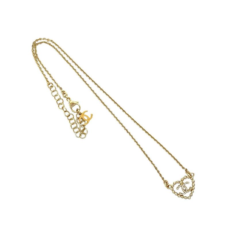 Chanel Coco Mark Heart Motif Rhinestone Plated Chain Necklace 25CP